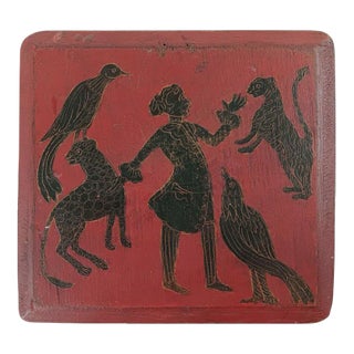 Small Antique Red Wood Panel Painted Birds Tiger Leopard Figure For Sale