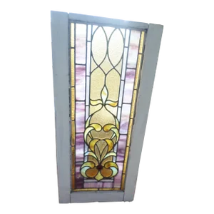 Antique Late 19th Century Art Nouveau Amethyst & Yellow Stain Glass With Jewel Window