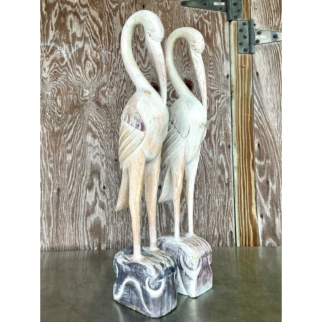 Late 20th Century Vintage Boho Carved Wood Crane Statues - a Pair For Sale - Image 5 of 10