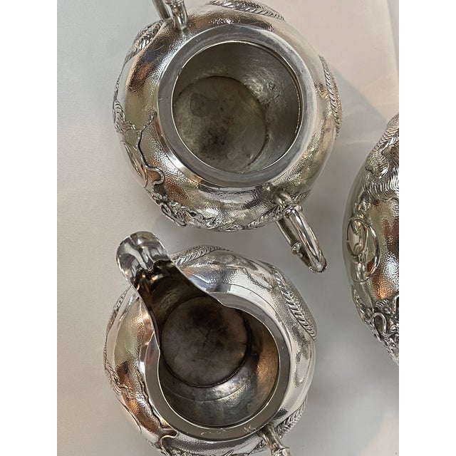 Antique Sincere Chinese Dragon Hammered Sterling Silver Tea Set- 3 Pieces For Sale - Image 9 of 11