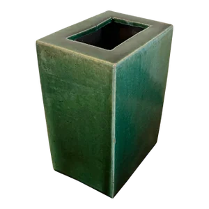 Antique Early 20th Century Chinese Export Porcelain Dark Green Monochrome Glaze Pillow Form Flower Brick Block Vase Circa 1900