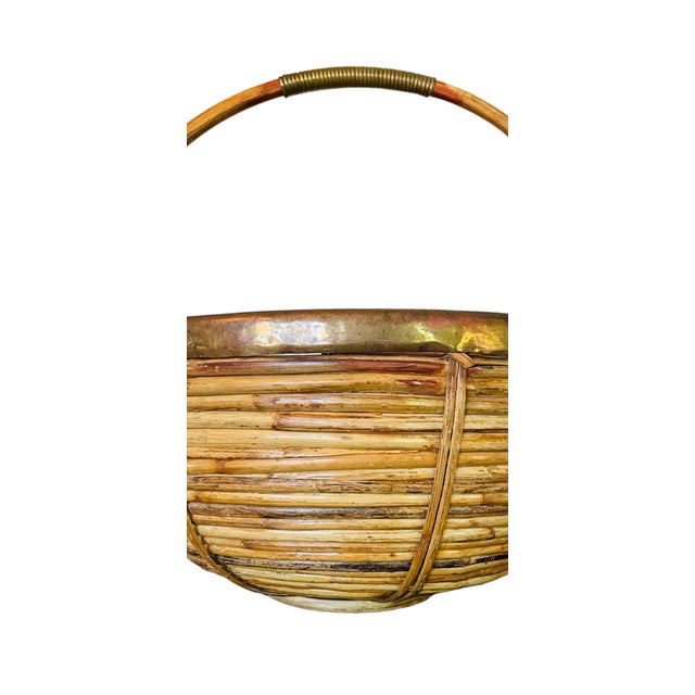 Wood 1960s Vintage Gabriella Crespi Style Rattan and Brass Basket With Handle For Sale - Image 7 of 9