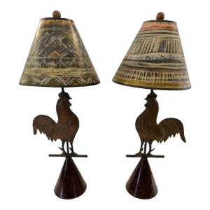 Custom Vintage Metal Rooster Lamps With Handpainted Shades -A Pair