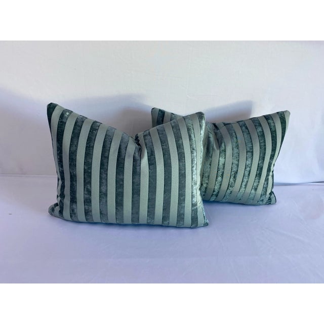 Early 21st Century Turquoise Stripe Velvet Pillows- a Pair For Sale In Los Angeles - Image 6 of 6