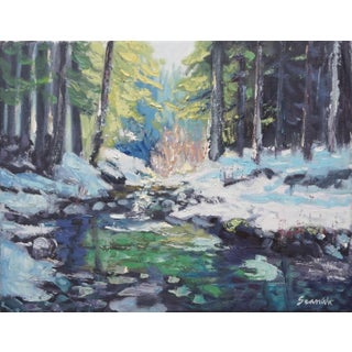 Original Oil Landscape, a Winter Stream in the Woods For Sale