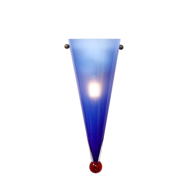 Mid-Century Modern Mid-Century Hand-Blown Periwinkle Murano Glass Conical Sconces Signed Cenedese For Sale - Image 3 of 16