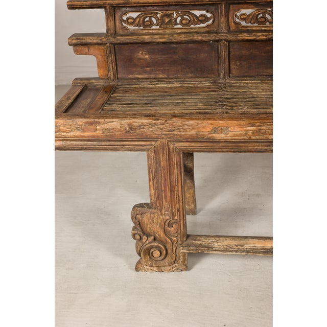 Antique Chinese Rustic Wood Bench with Carved Openwork Back For Sale - Image 10 of 14