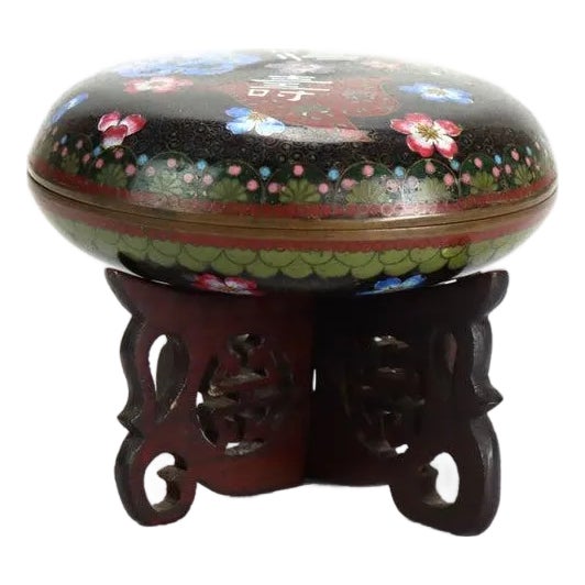 Antique Chinese Cloisonne Enameled Dresser Box With Wooded Stand C1890 For Sale
