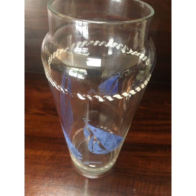 Art Deco Clear Glass Cocktail Shaker With Blue Transferware Sailboat Design For Sale In Savannah - Image 6 of 9