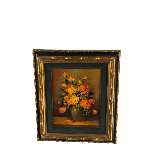 Vintage Signed Floral Still Life Painting, Cox- Yellow and Orange Roses in Gold-Toned Frame For Sale - Image 4 of 12