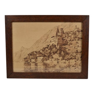 Early 20th Century French School Ink Drawing Representing an Ancient Village on the Edge of a Lake For Sale