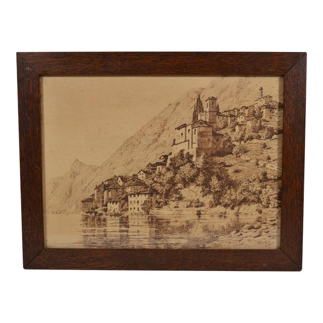 Early 20th Century French School Ink Drawing Representing an Ancient Village on the Edge of a Lake For Sale