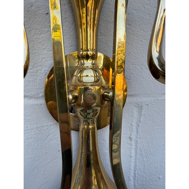1950s Elegant Mid-Century Brass Wall Sconce With Scroll Arms For Sale - Image 4 of 12