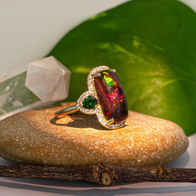 Metal 4.7cts Ethiopian Black Opal Ring With Natural Diamonds Accents: Solid 14k Gold, Size 6.75 For Sale - Image 7 of 11