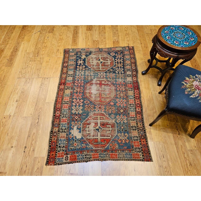 19th Century Caucasian Shirvan Area Rug, Tribal Geometric Pattern, Blue & Ivory, 3’ x 5’ For Sale - Image 4 of 17