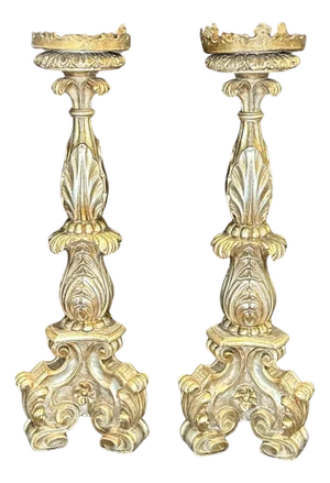 Early 19th Century Pair Of 19th Century Baroque Carved Wood Pricket Candlesticks
