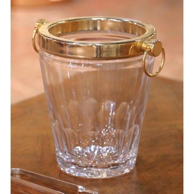 Mid-Century French Cut Glass Champagne Bucket With Brass Ring Handles With Tongs For Sale - Image 4 of 8