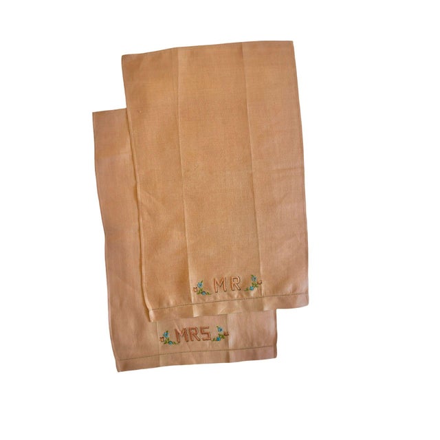 Vintage Mr & Mrs Embroidered Linen Towels Set Blush Apricot Monogram Floral Boudoir Hand Towels For Sale - Image 10 of 12