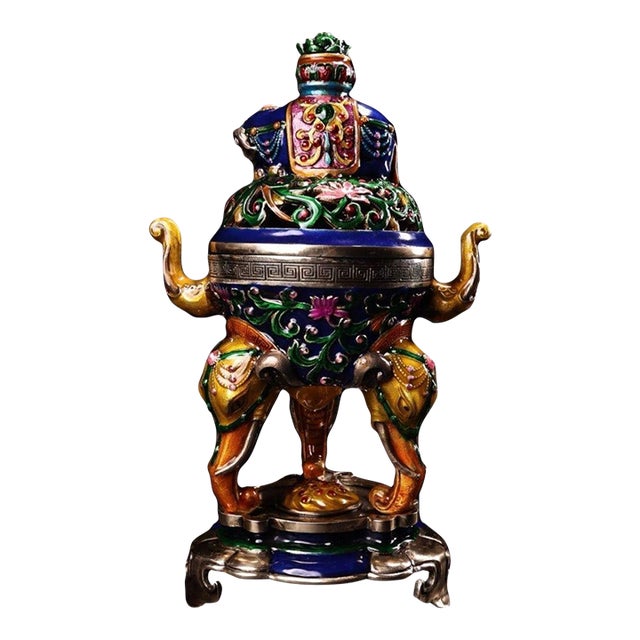 Cloisonné & Bronze Elephant Tripod Censer - Enamel Incense Burner For Sale