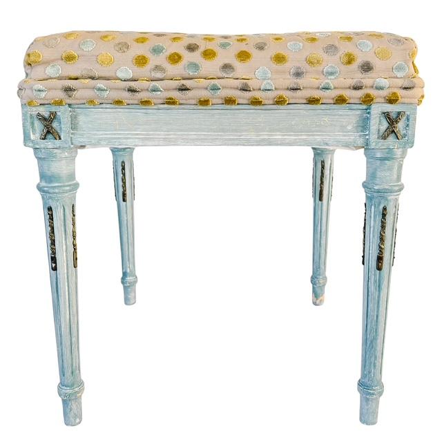Mid 20th Century French Louis XVI Style Blue Painted Footstools With Brass Accents & Polka Dot Cut Velvet - A Pair For Sale - Image 13 of 18