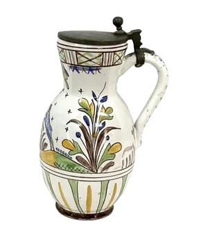 Faience Polychrome Decorated Beer Stein With Pewter Lid and Handle
