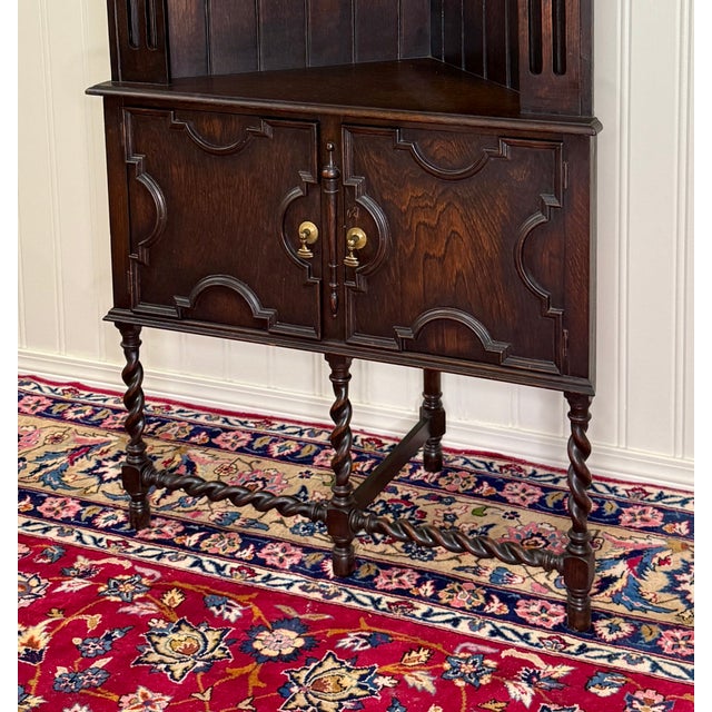Antique English Jacobean Corner Cabinet Barley Twist Legs Oak Key Tall 1920s For Sale - Image 11 of 18