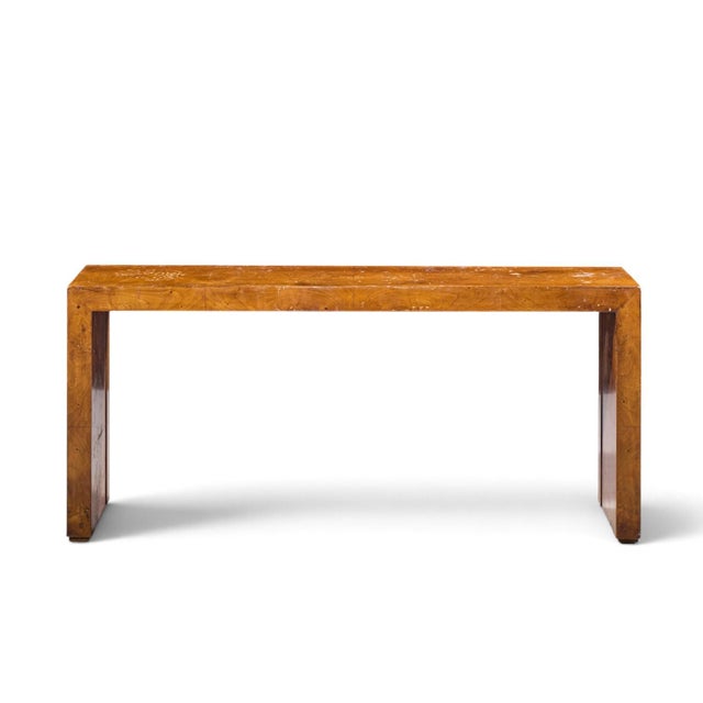 Milo Baughman Style Mid Century Burlwood Console Table This console table measures: 58 wide x 15 deep x 26.25 inches high...