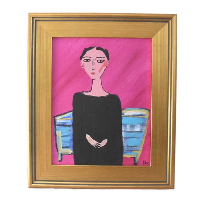 2020s Abstract Expressionism Woman Portrait Painting Including the Anitqued Gold Wood Frame For Sale - Image 5 of 5