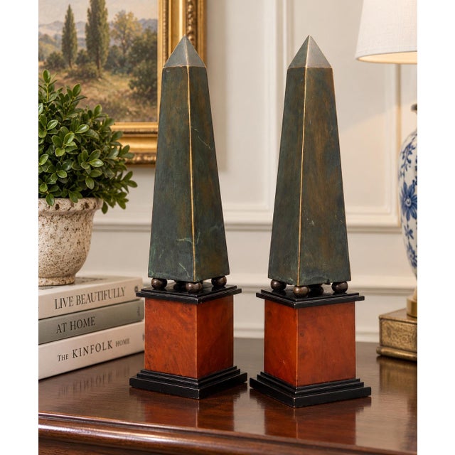 Late 20th Century Late 20th Century Pair of Tall Decorative Obelisks With Antiqued Metal and Wood Bases For Sale - Image 5 of 5