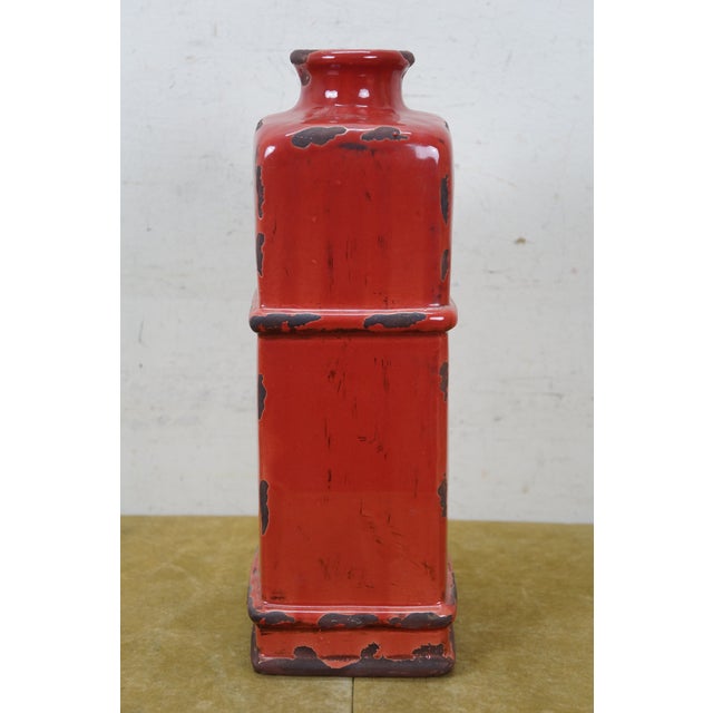 JCPenney Imax Distressed Red Ceramic Lidded Mantel Vase Urn Bottle 18" For Sale - Image 9 of 14