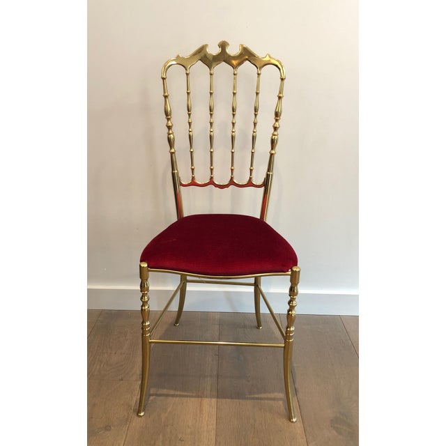 1940s Italian Brass Chiavari Chair and Stool, Seats Covered in Red Velvet- 2 Pieces For Sale - Image 10 of 12