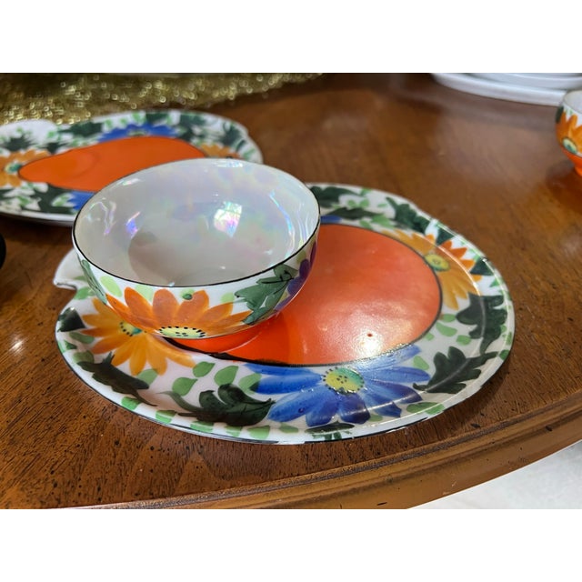 1970s Set of 4, 1970s Orange and Blue Ceramic Plates and Teacups For Sale - Image 5 of 10