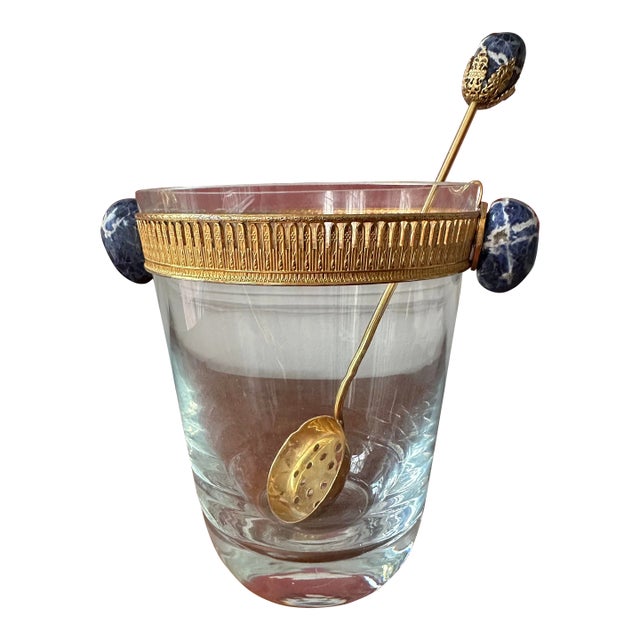 Rare French Crystal Ice Bucket Gilt Mounted, Lapis Stone Handles Attributed to Baccarat For Sale