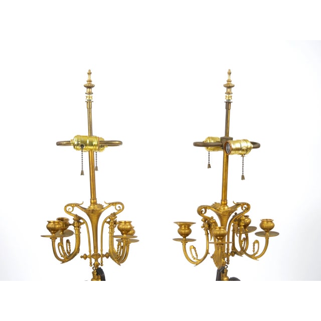 Stone Antique French Napoleon III Gilt Bronze / Marble Candelabra Lamps For Sale - Image 7 of 12