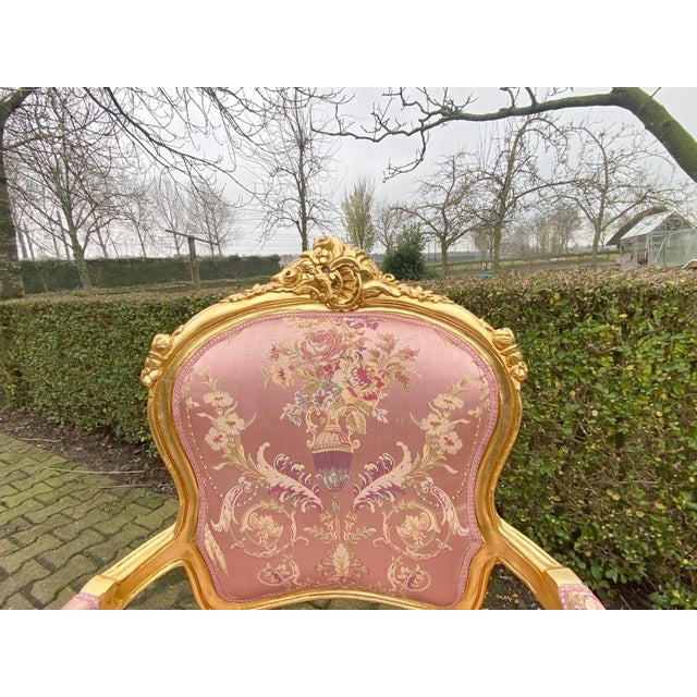 Wood 1960s French Artisan Louis XVI Pink Gilt Beech Sofa Set—3 Pc For Sale - Image 7 of 16