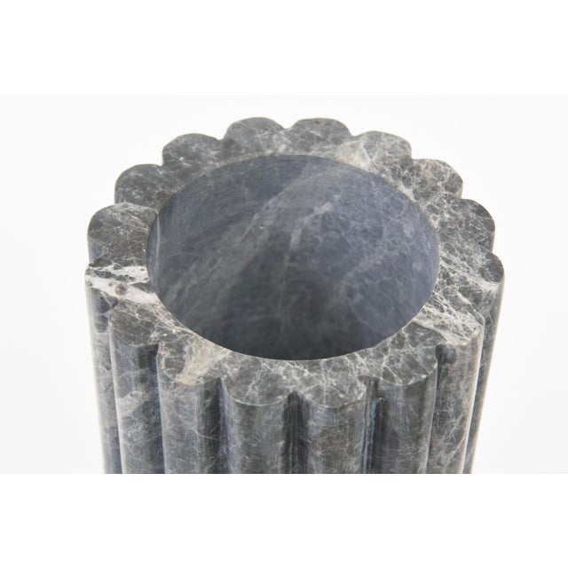 Early 21st Century Marble Ribbed Column Vases in Gray and White Veining Pair Of, Italy For Sale - Image 5 of 6