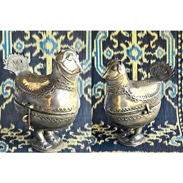 Metal Vintage Indian Dhokra Bronze Pewter Bird Pedestal Lidded Box For Sale - Image 7 of 14