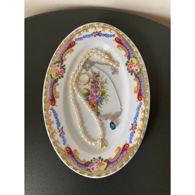 Victorian Limoges French Roses Oval Porcelain Jewelry Dish With Golden Accents For Sale - Image 3 of 12
