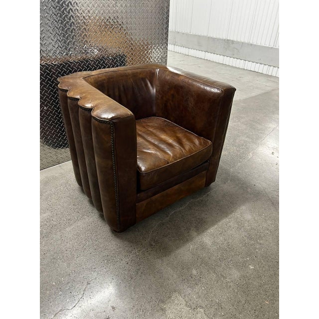 Animal Skin Vintage Fluted Back Art Deco Style Brown Leather Armchairs - A Pair For Sale - Image 7 of 8