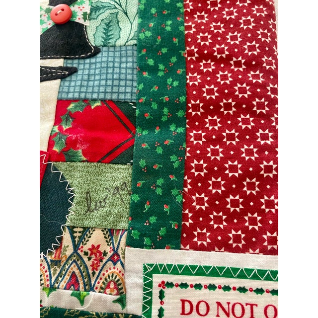 Folk Art Vintage 1999 Signed "Lw" Primitive Folk Art Patchwork Christmas Stocking With Cat Applique Excellent Condition For Sale - Image 3 of 11