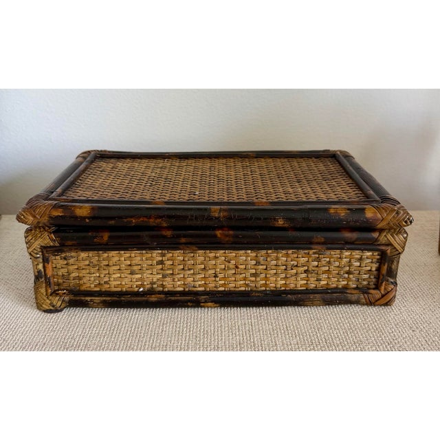 Brown Vintage Woven Rattan With Faux Tortoise Bamboo Lidded Box For Sale - Image 8 of 8