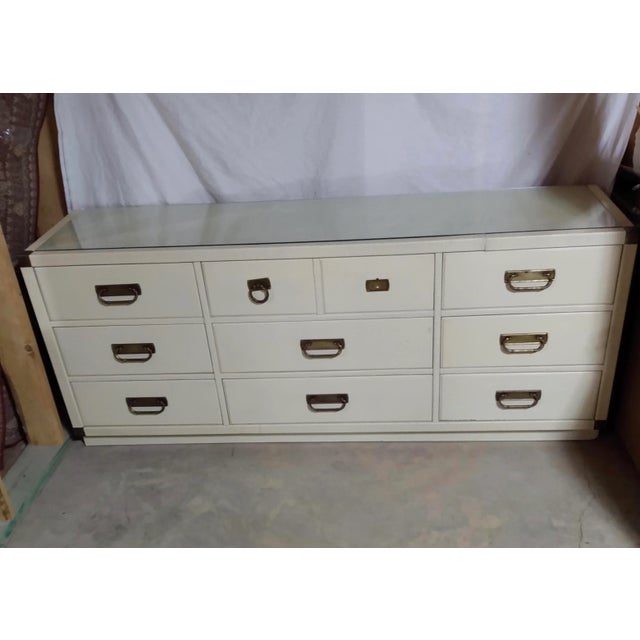 Vintage Wicker Steal Quality Drexel Mid-Century Modern Natural Rattan & Solid Wood Modern Aged White Lacquered Dresser Glass Style Near Tommy Bahama For Sale - Image 10 of 12