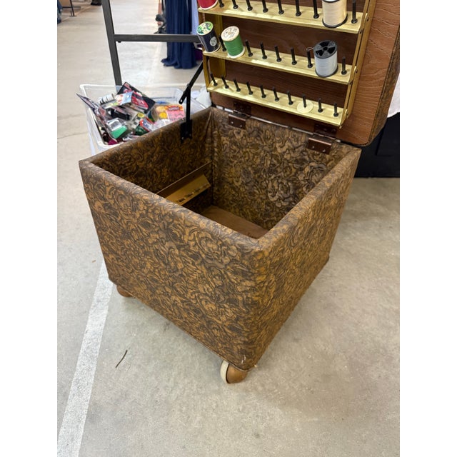 vintage sewing ottoman is a unique piece of mid-century furniture 15x28 1950 is 1960s Some discoloration to the fabric....