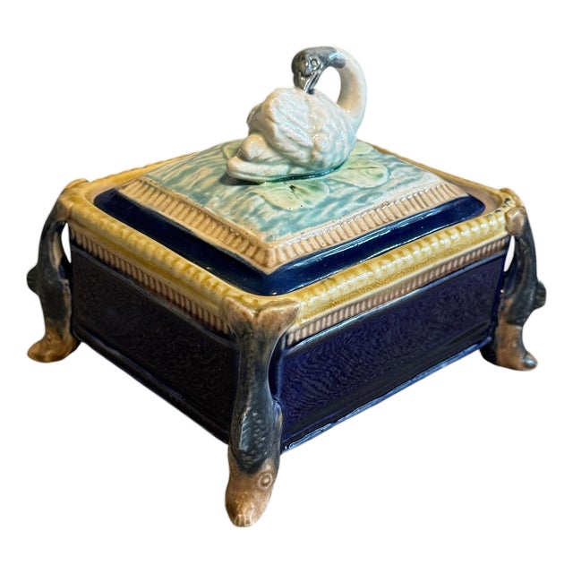 Circa 1900 English Majolica Swan Finial Sardine Box For Sale