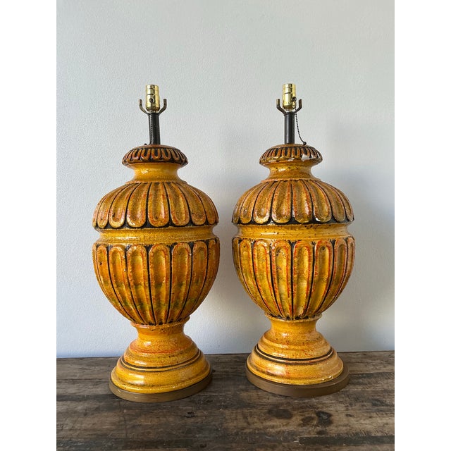 Vintage MCM Monumental Glazed Ceramic Lamps - A Pair For Sale - Image 10 of 12