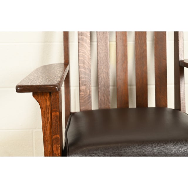 Brown Charles Stickley Antique Mission Oak Arts & Crafts Cutout Rocking Chair, Newly Restored For Sale - Image 8 of 13