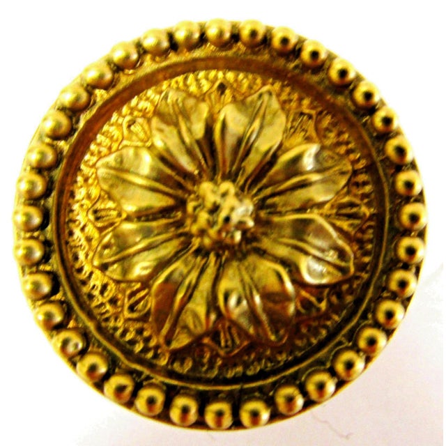 This is a pair of gold brass door cabinet pulls knobs with a baroque/rococo style. Made of polished brass, these cabinet...