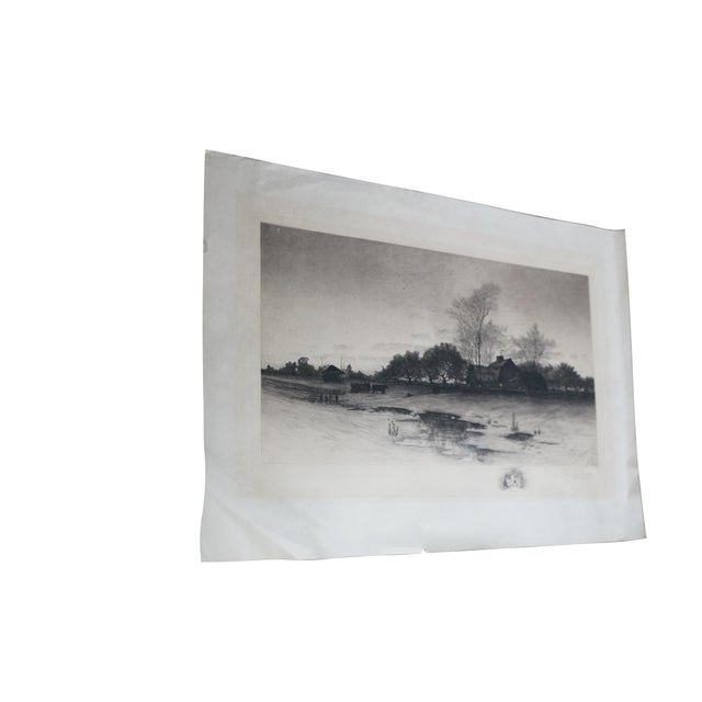 Antique Charles Frederick Mielatz country farmhouse landscape etching featuring a large farmhouse, figures and cows....