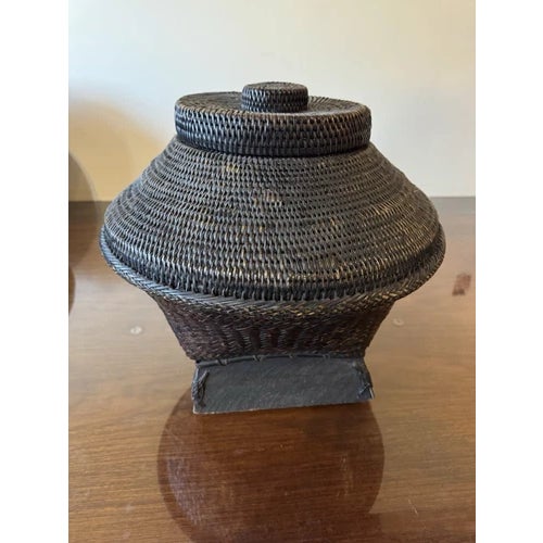 Brown Vintage 17.5" Philippines Ifugao Rattan Woven Lidded Basket on Stand For Sale - Image 8 of 12