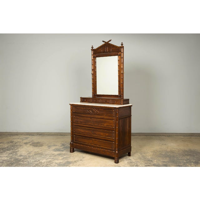 Brown 19th Century French Napoleon III Bamboo Dresser With Carrara Marble and Mirror For Sale - Image 8 of 18